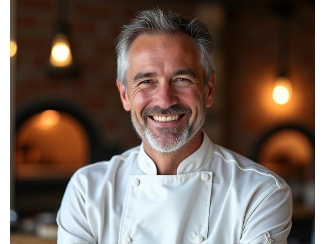 Portrait souriant de Pierre Dubois, chef boulanger, dans son uniforme de travail, avec un fond de four à pain.